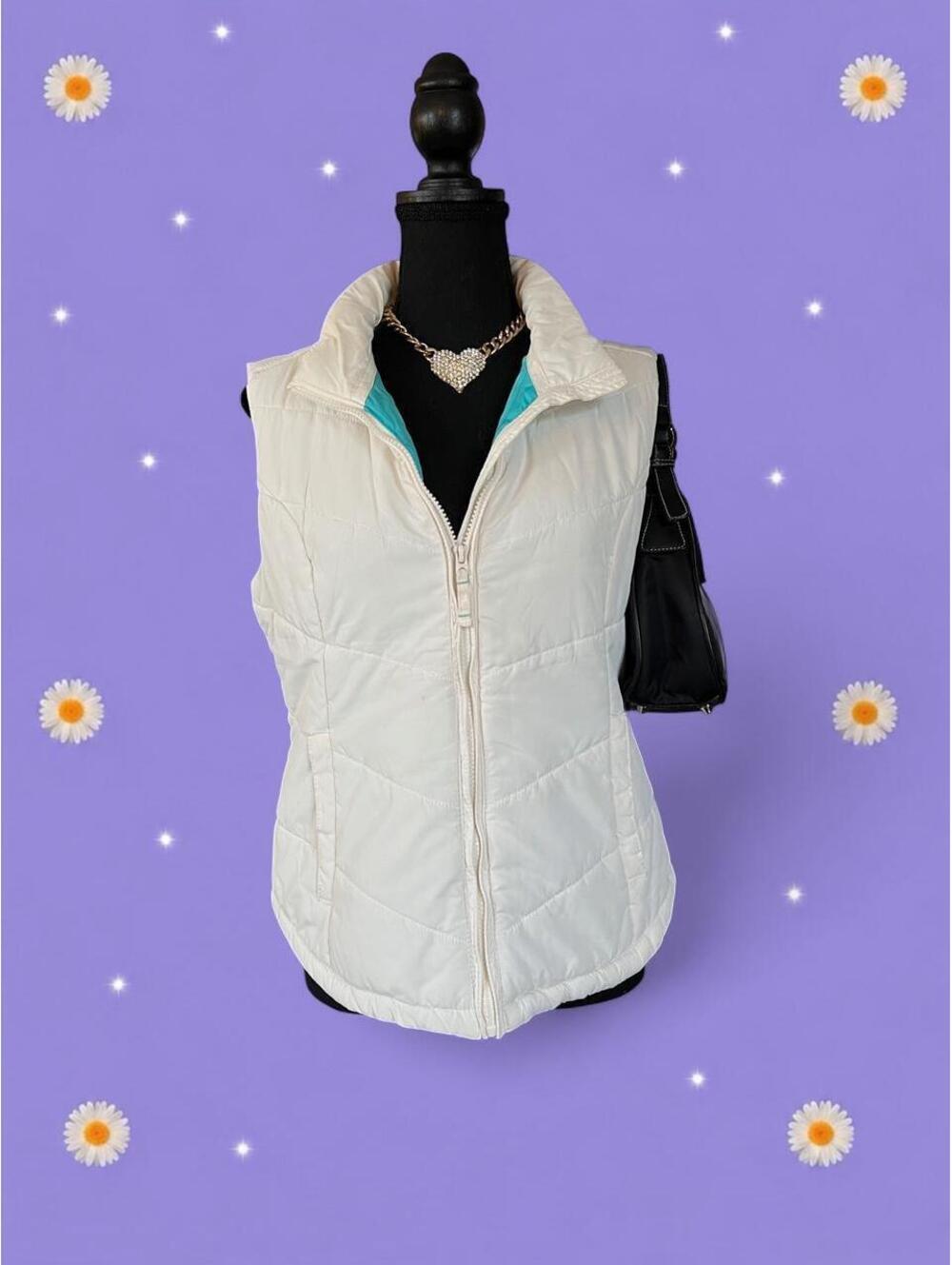 Vintage Y2K 00s Preppy Snow Bunny Aeropostale White Aqua Puffer Vest size large